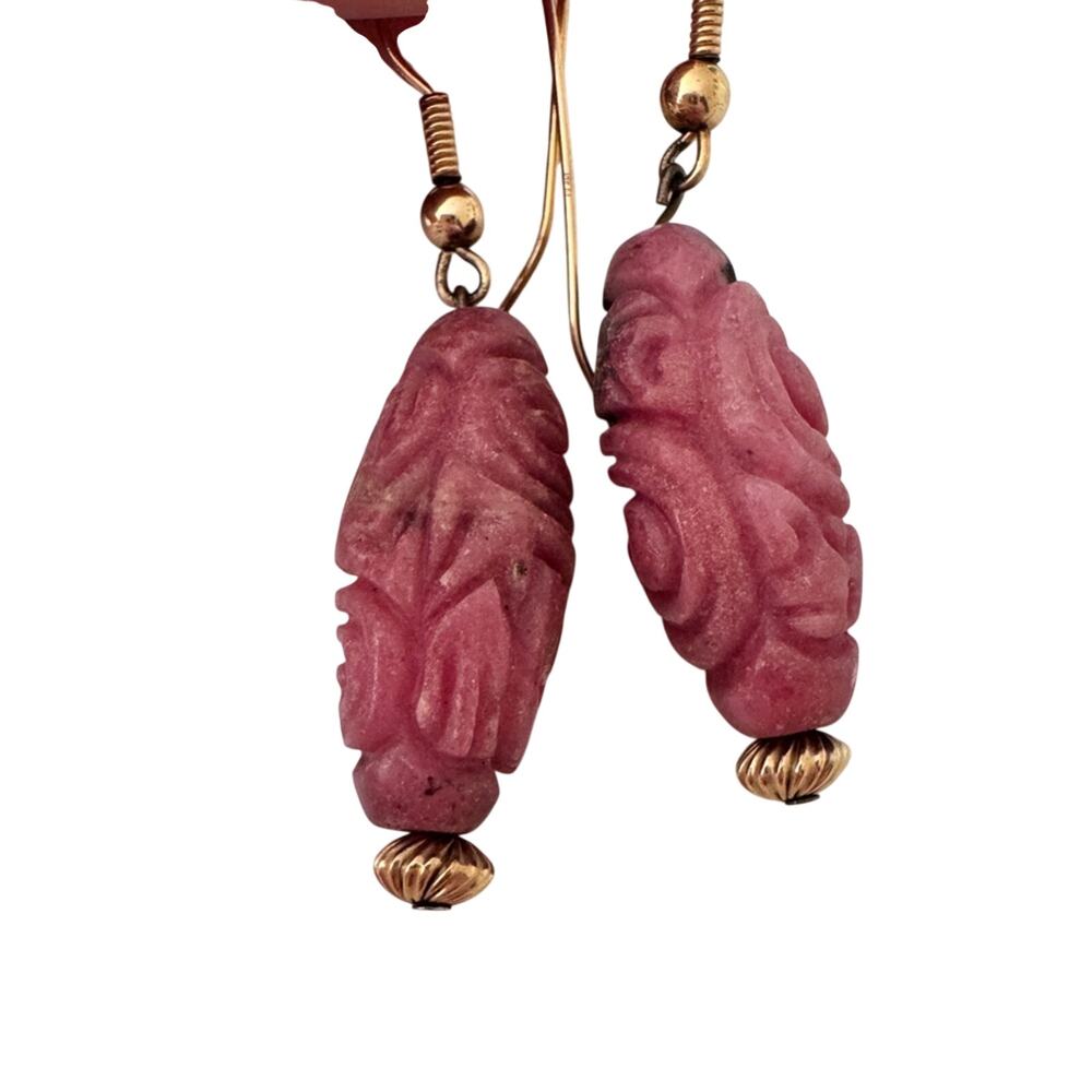 Vintage Rhodonite Pink Black Carved Pierced Drop Earrings Womens Estate Jewelry